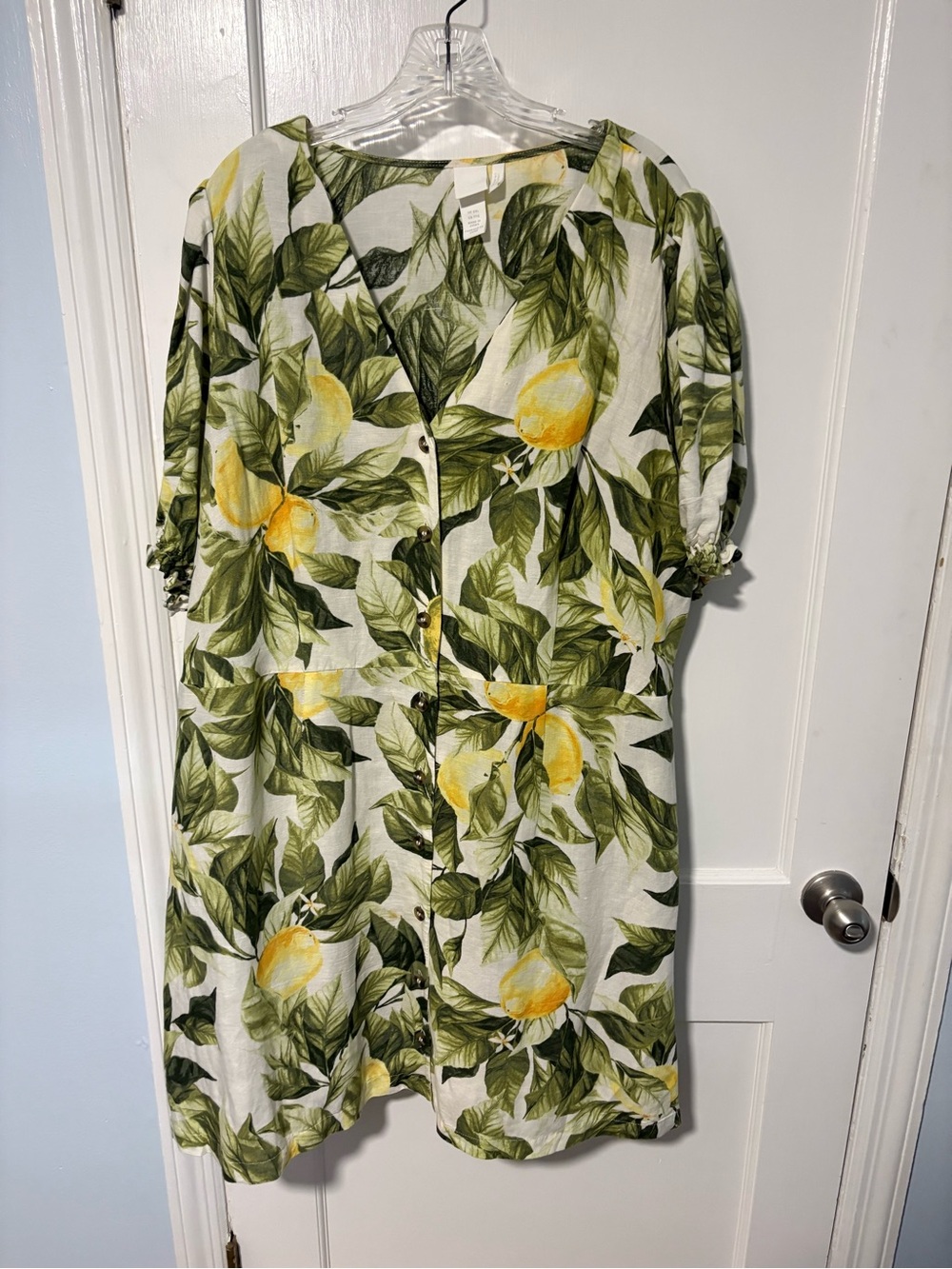 H&M Lemon & Leaf Print Button-Front Dress in Green & Yellow